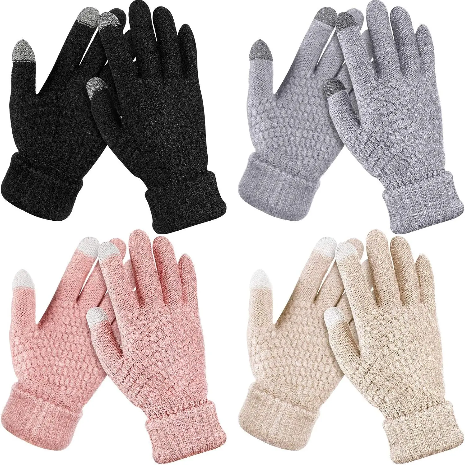 4 Pairs Women's Winter Touch Screen Gloves Soft Warm Fleece Lined Knit Elastic Cuff Texting Gloves,Motorcycle Protective Gear