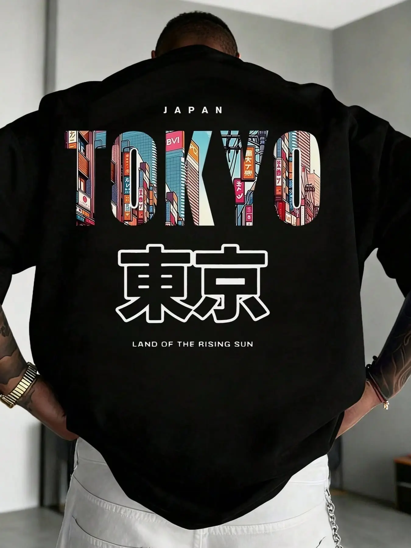 Men's Oversized Tokyo Japan Streetwear Long Loose Menswear T-Shirt, Retro Anime Cityscape Graphic Tee, Land of the Rising Sun Print Casual Tops for Urban Fashion