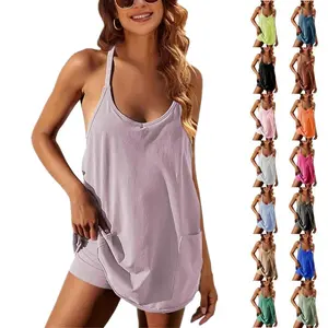 WoodBerry Women's Summer Sleeveless Mini Dress with Built-in Shorts V Neck Spaghetti Strap Athletic Sundress Short Spring Tennis Dress with Pockets
