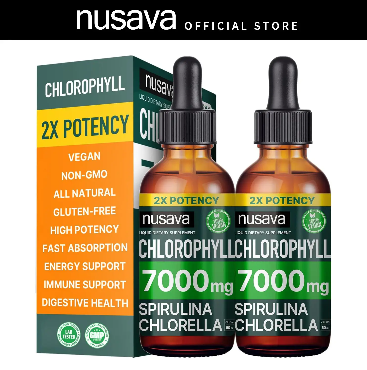 (2-Pack) Vegan Natural Chlorophyll Liquid Supplement Drops for Immune Support, Energy, Gut and Skincare Healthcare - 7000mg Liquid Chlorophyll Drops