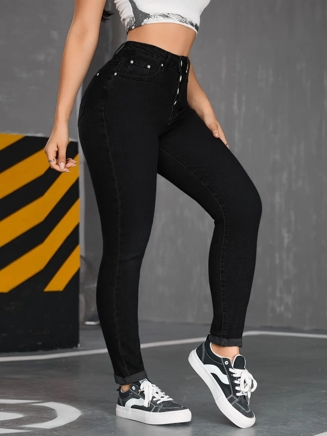 JOGWAVE 4-Button Fly High Waist Black Skinny Jeans for Women | Butt Lifting Tummy Control Stretchy Denim Pants | Rolled Ankle Cuff Slim Fit Casual Trousers for Streetwear Daily Dating