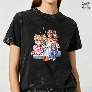 washed cotton Cartoon Mom with Sons T Shirt for Women, Funny Cute Mom Graphic Tee, Soft Casual Short Sleeve Crew Neck Top, Comfortable Everyday Wear, Mother’s Day