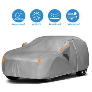 Gray 170T Universal Full Car Cover, All Weather Waterproof Snowproof UV Protection with Reflective Strips & Side Door Zipper, Windproof Dustproof Outdoor Exterior Cover for Sedan SUV