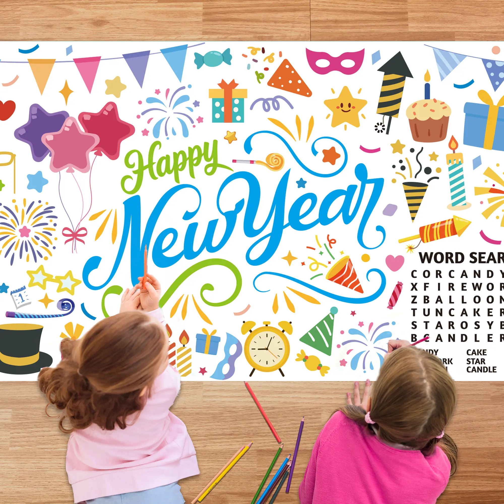Giant New Years Coloring Poster, 71''x31.5'' Happy New Year Large Coloring Poster, New Year Giant Coloring Poster & Happy New Year Coloring Poster for Kids, for New Years Eve Party Supplies 2025