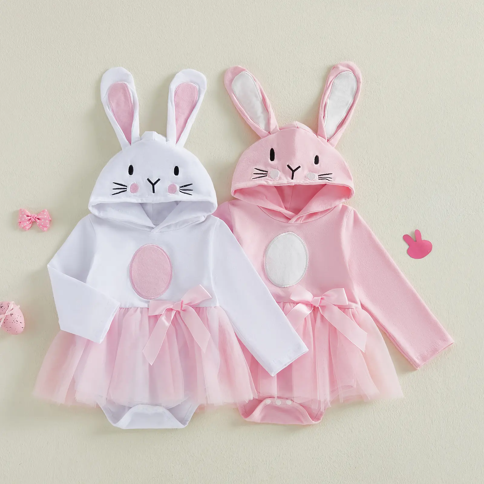 Infant Baby Girls Easter Hooded Jumpsuit Comfortable Bow Long Sleeve Bunny Ear Romper Dress 0-18 Months