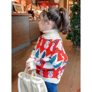 Girls' Cozy Red & White Cable Sweater with Festive Snowflake Pattern - High Neck, Long Sleeve, Casual Fall/Winter Pullover, Perfect for Holiday Celebrations, Holiday Sweater| Festive Sweater| Cable Texture, Sweater Dress, Christma Jumper Y, Christma Jumpe