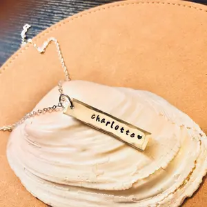 Hand Stamped Jewelry - Sterling Silver Necklace - Personalized Pewter Rectangle Bar Jewelry - Customized Name Jewelry Gift - Unisex Jewelry