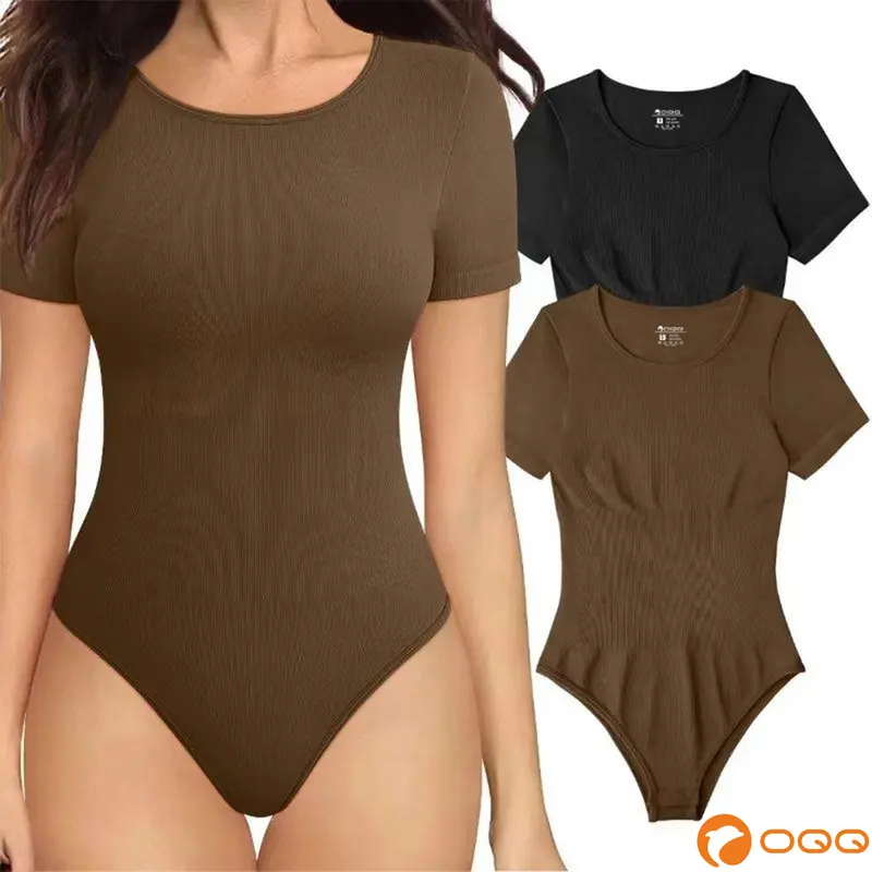 OQQ Women's 2 Piece Bodysuits Sexy Ribbed One Piece Short Sleeve Tops Bodysuits Trendy Comfortable