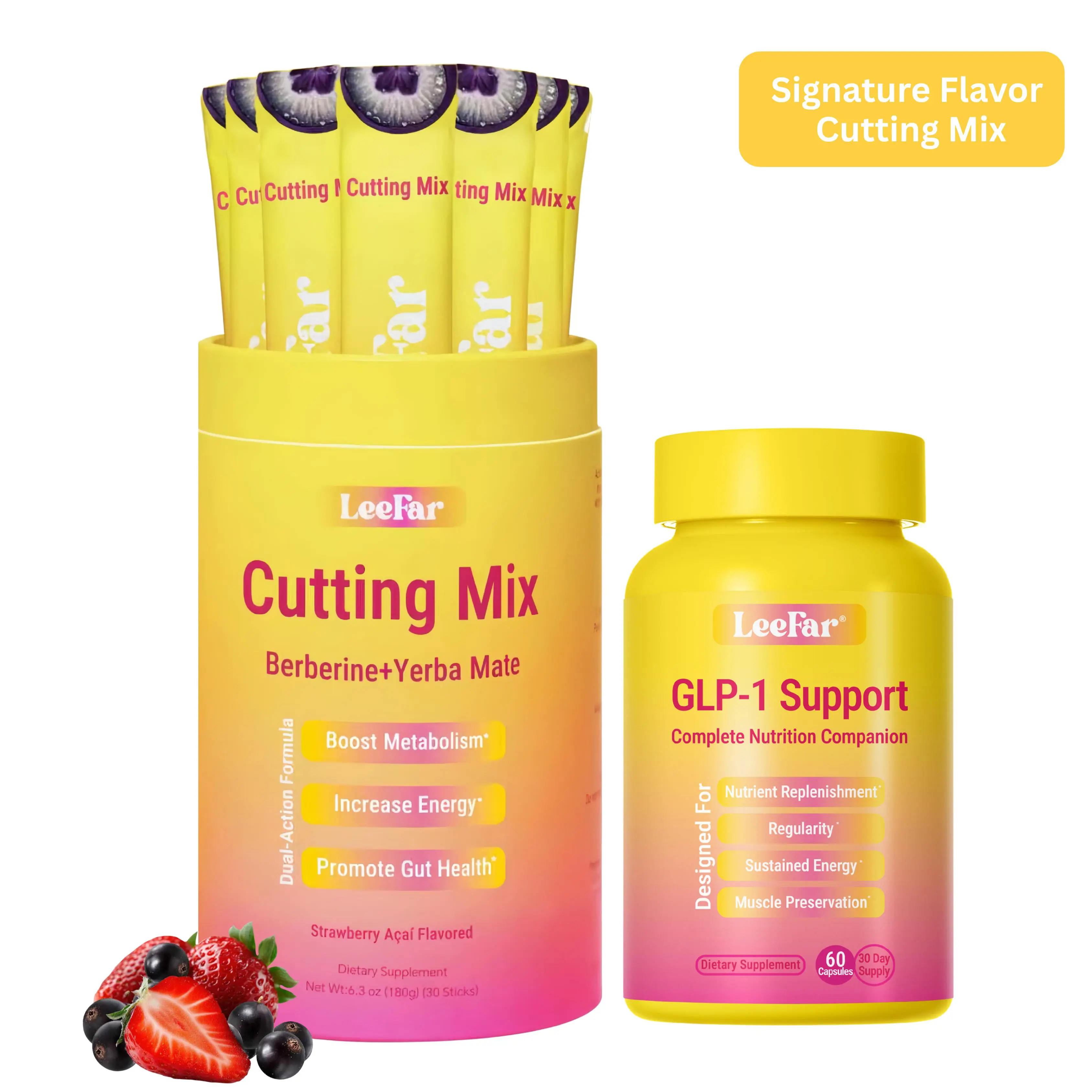 【LeeFar Cutting Support Bundle】Leefar Cutting Mix| Strawberry Açaí flavor*1+LeeFar GLP-1 Support –13 Vitamins, 8 Minerals, Fiber & 1 Billion CFU Probiotic for Regularity,  Energy & Muscle Preservation* 1