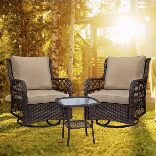 GARVEE 3 Pieces Rattan Swivel Rocking Chair Outdoor, Patio Bistro Conversation Furniture Set, Wicker Chair with Cushions and Table