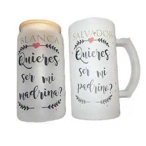 Vaso escarchado con tapa de bambú y tarro de cerveza perfectos para una bebida refrescante  Quieres ser mi madrina? Quieres ser mi padrino? Cup