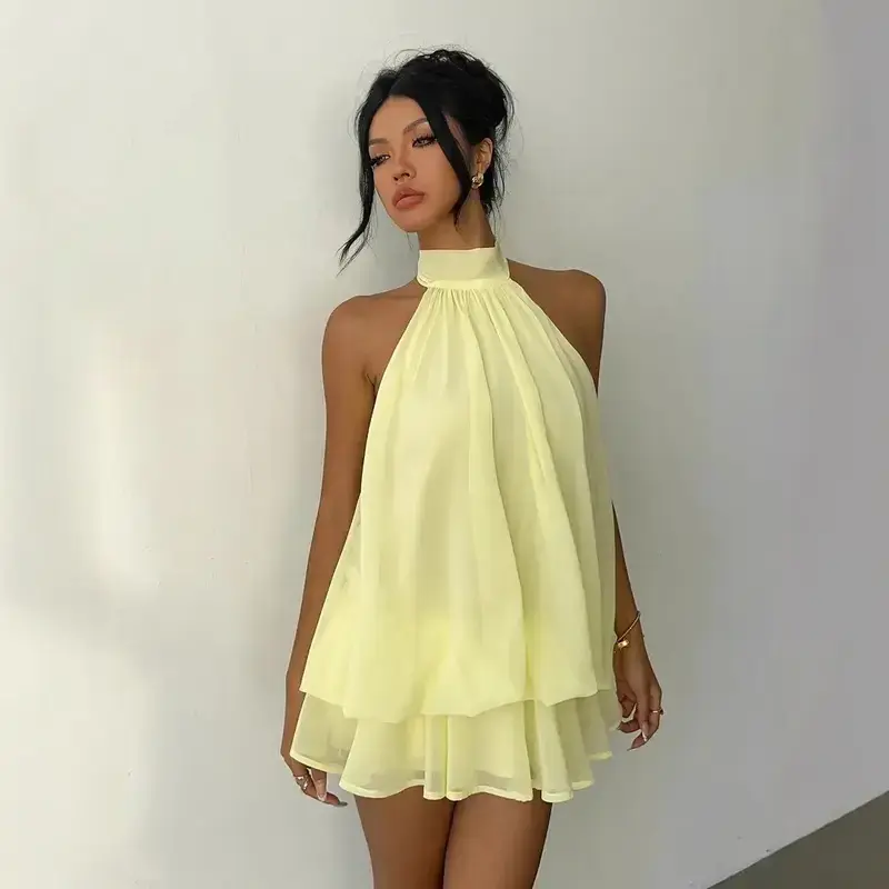 Women's Halter Swimdress - Solid Skirt Style Swimsuit with Tie Waist, Open Back and Cut-Out for Vacation Beachwear, Skirt Style Swimdress, Swimwear Beach Dress, Silhouette-Enhancing, Tie Waist-Cinching, Short, Plain