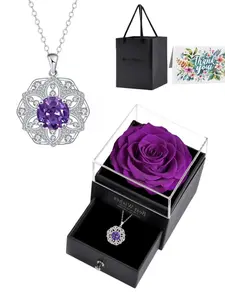 Amethyst Flower Cluster Diamond Necklace Original Sparkling Amethyst Gem Necklace with Purple Preserved Rose Gift Box, Ideal Gift for Wife & Daughter, Perfect for Birthdays, Valentine's Day and Mother's Day