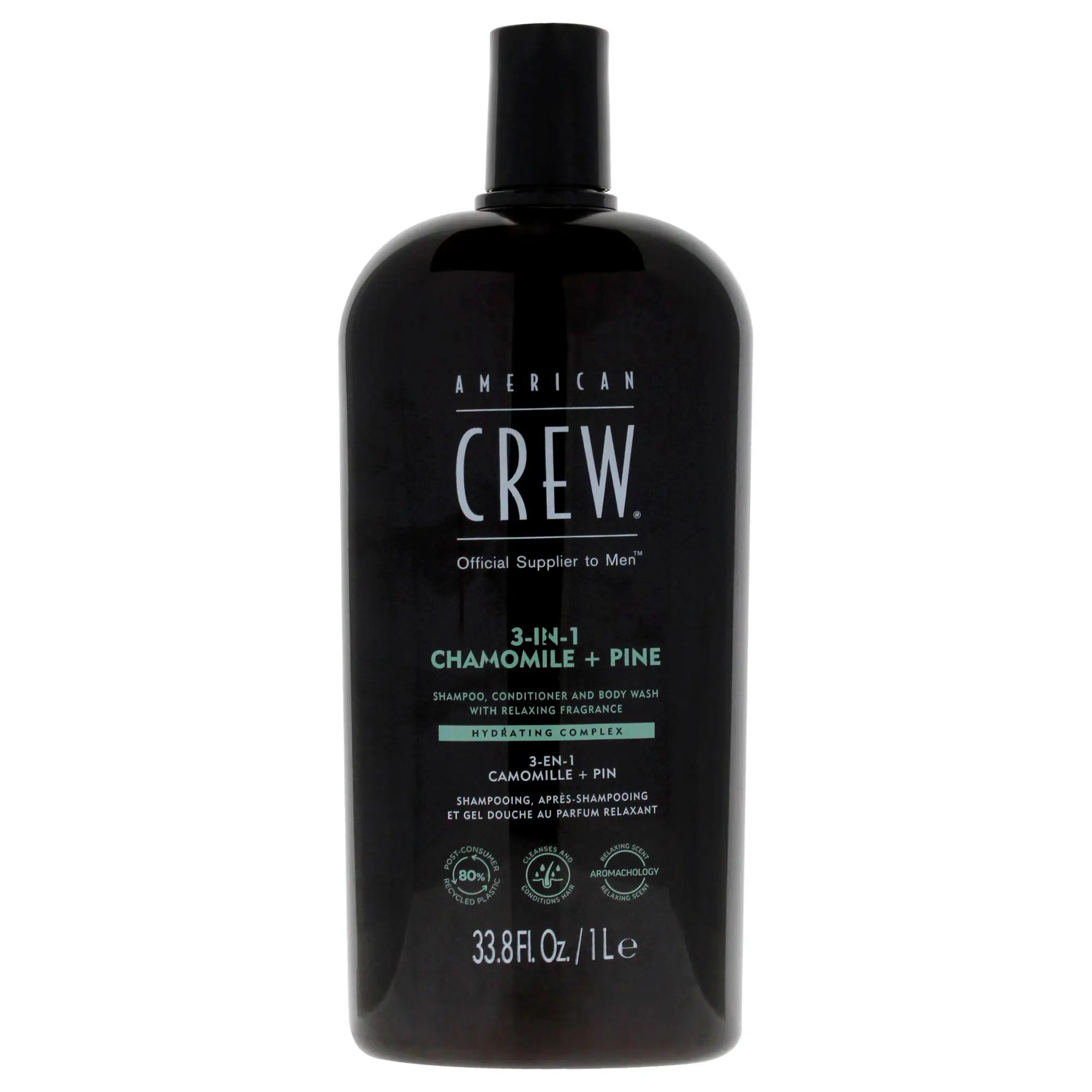 American Crew 3-In-1 Chamomile Plus Pine Male Haircare & Body Care Multi-Use Bottle - 33.8 fl oz Daily Shampoo, Conditioner, Body Wash for Men
