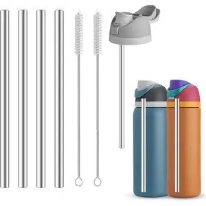 4Pcs Replacement Stainless Steel Straws Compatible with Owala Water Bottle 24oz 32oz Reusable Straws with 2 Cleaning Brushes Metal Straw Replacement Compatible with Owala Freesip (21cm for 24-32oz) Drinkware