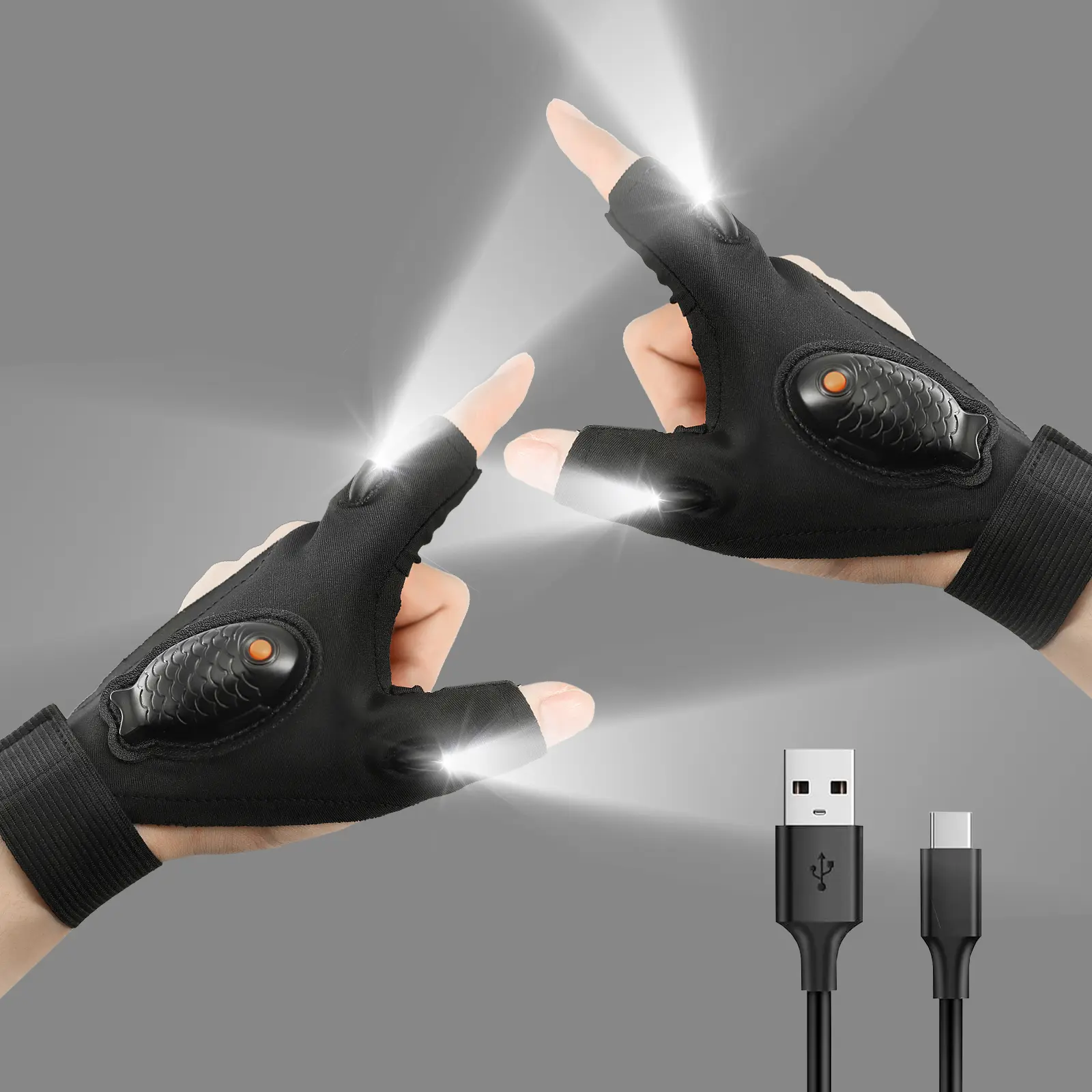 EDYELL Unisex Adjustable Fishing Gloves with Rechargeable 3-Mode LED Night Lights, Waterproof Breathable Non-Slip Fishing Accessory for Camping Safety, Night Fishing Lights