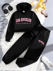 Girls' Fashion Sporty Casual 2-Piece Set, Fashion Clothes Set, Letter Print Sweatshirt + Solid Color Loose Fit Pants, Fall Winter