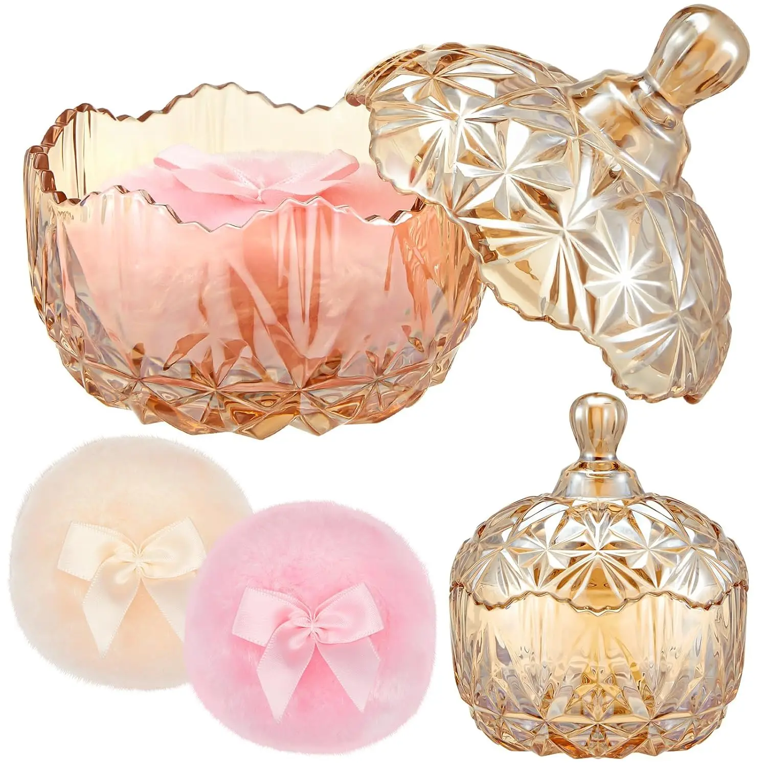 Mothers Day Gift 3 Pcs Large Body Powder Puff and Container Crystal Container Soft Washable Reusable Velour Face Body Glitter Wet Dry Makeup(Amber)
