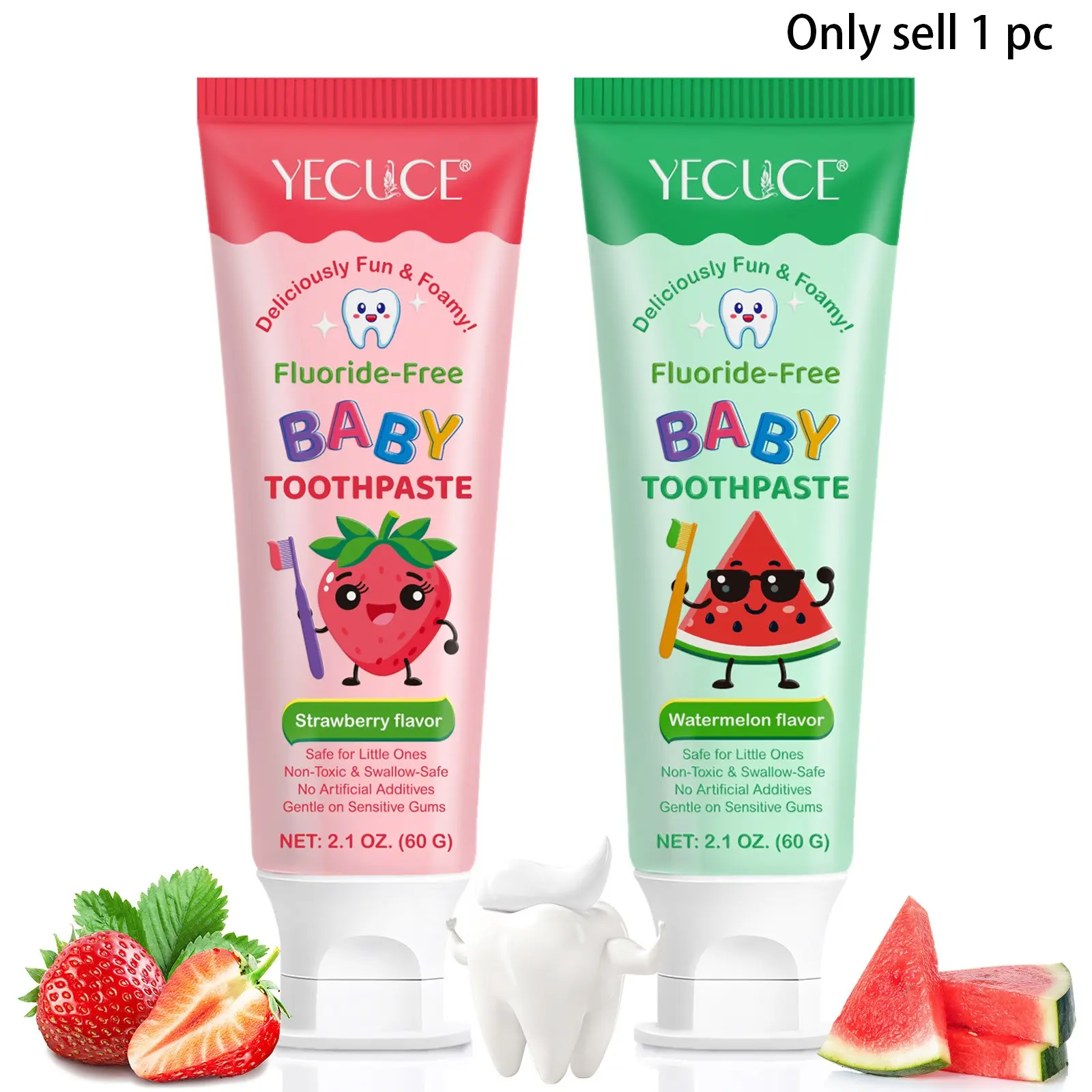 YECUCE Fluoride-Free Baby Toothpaste, Healthy Toothpaste, Offer two flavors: strawberry and watermelon. Gentle and everyday teeth care, Toothpaste Without Fluoride