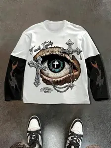 Men's New Spring Autumn Long Sleeve Patchwork Motorcycle Badge Print Casual Streetwear Fitted Short Top, Unisex Fashion Tee