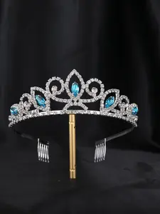 Blue Glass Rhinestone Princess Crown Hair Accessory, Women's Hair Comb, Fashion Luxurious Full Diamond Crown, Suitable for Daily Wear