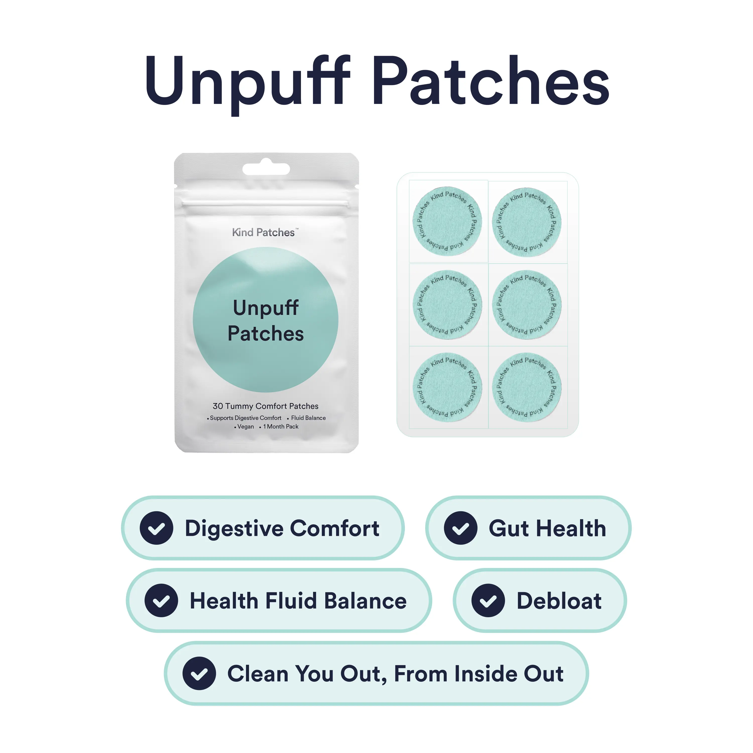Kind Patches, Unpuff Patches, 30 Tummy Comfort Patches: Support Digestive Comfort, Fluid Balance, Vegan, 1 Month Pack
