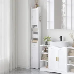 Hzuaneri Bathroom Storage Cabinet, Narrow Tall Bathroom Cabinet, Freestanding Floor Cabinets with 2 Doors and 1 Drawer, Toilets Organizer with Adjustable Shelf, 1 Hook for Small Spaces