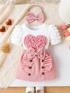 Baby Girl Romantic 2-Piece Set Heart Embroidery, Bubble Sleeve Short Sleeve Top, Corduroy Bow Skirt, Includes Hair Band