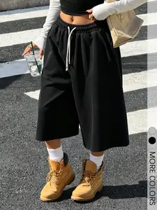 1Pc Women's Black Wide Leg Culottes Elastic Adjustable Waist Drawstring Casual Streetwear Sweat Shorts For Daily Wear