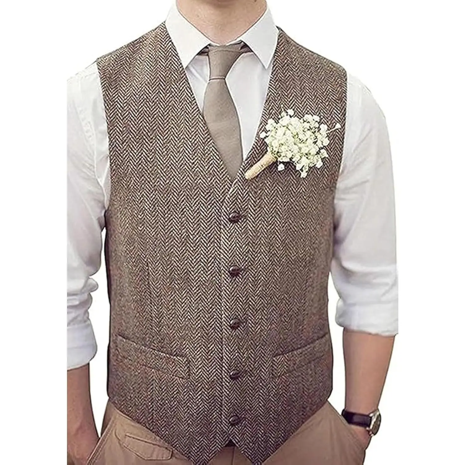 Men's Tweed Vest Herringbone Wool Waistcoat for Wedding Men Vests Formal Groom's Wear Suit Vest