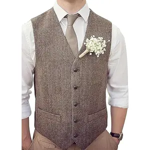 Men's Tweed Vest Herringbone Wool Waistcoat for Wedding Men Vests Formal Groom's Wear Suit Vest