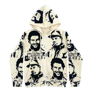 Asaa.li Full Print Graphic Zip Hoodie, Retro Mugshot Streetwear Jacket, Y2K Fashion Sweatshirt, Hip Hop Style Gift