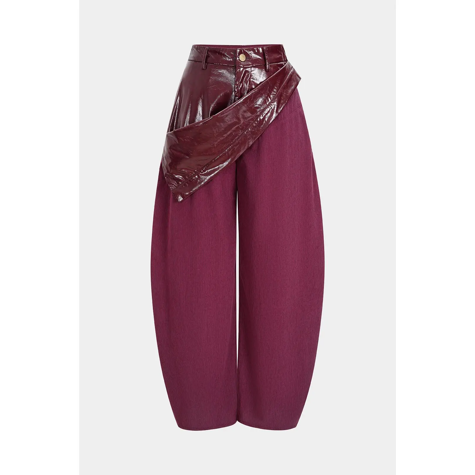 Faux Leather Patchwork Zipper Wide Leg Pocket Barrel Trousers