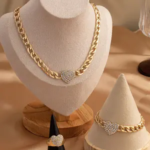 Unisex 3-Piece Vintage Elegant Chunky Costume Jewelry Set - Inlaid Diamond Heart Motif Locket Necklace, Bracelet, Ring, Trendy Fashion Accessory Chain