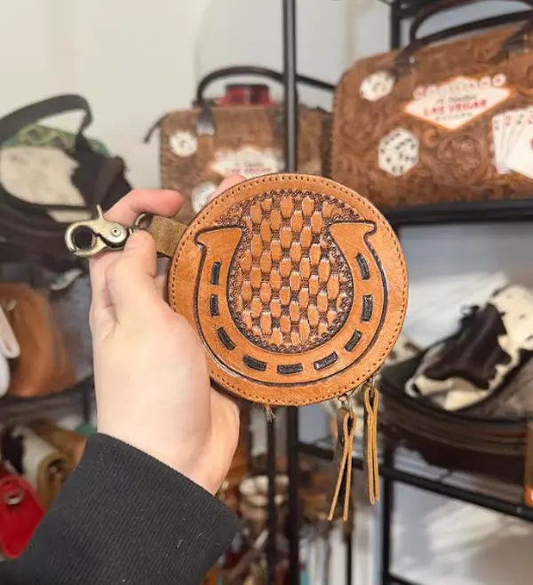 Tooled leather horseshoe round coin pouch