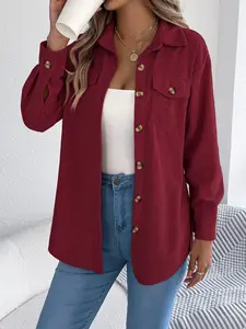 Women's Solid Button Front Corduroy Fitted Jacket, Casual Drop Shoulder Long-sleeved Aesthetic Outerwear for Fall & Winter, Ladies Clothes Womenswear for Daily Wear