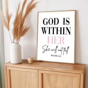 1pc God Is Within Her She Will Not Fall Wall Art Picture Bible Quote Prints Canvas Paintings Faith And Hope Posters Pink & Black Decor For Bedroom, Living Room, Or Apartment ,Dorm Room Decor Gift For Her Unframed Or Framed