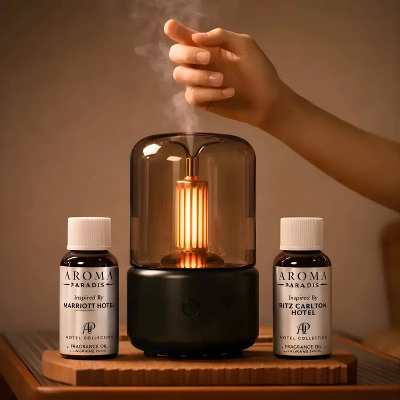 Aroma Paradise Candlelight Diffuser Hotel Fragrance Bundle - Warm Glow, Whisper-Quiet Mist, 6-Hour Runtime - Includes Top 2 Luxury Hotel-Inspired Fragrance Oils