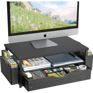 Desk Organizer and Accessories, Computer  Stand Riser with Drawer and 2 Pen Holders, Office Desk Accessories & Workspace Organizers for Office Supplies (Black)