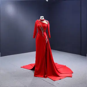 Red Satin Elegance: High Neck Mermaid Wedding Evening Dress with a Long Tail