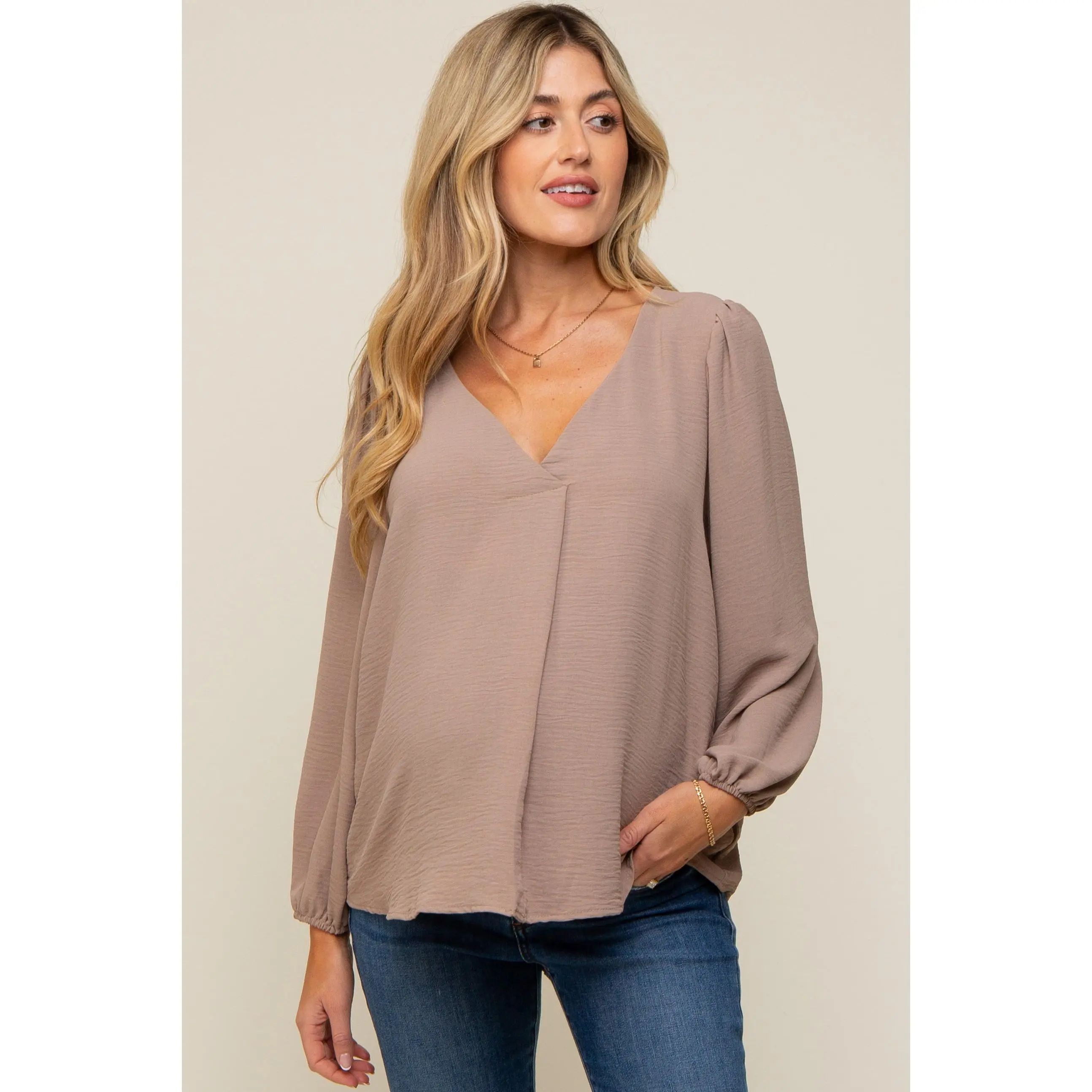Women's Maternity V-Neck Leg-of-Mutton Sleeve Solid Hue Clothes, Plain Casual Blouse for Everyday Pregnancy Wear in Mocha Brown, Long Sleeve