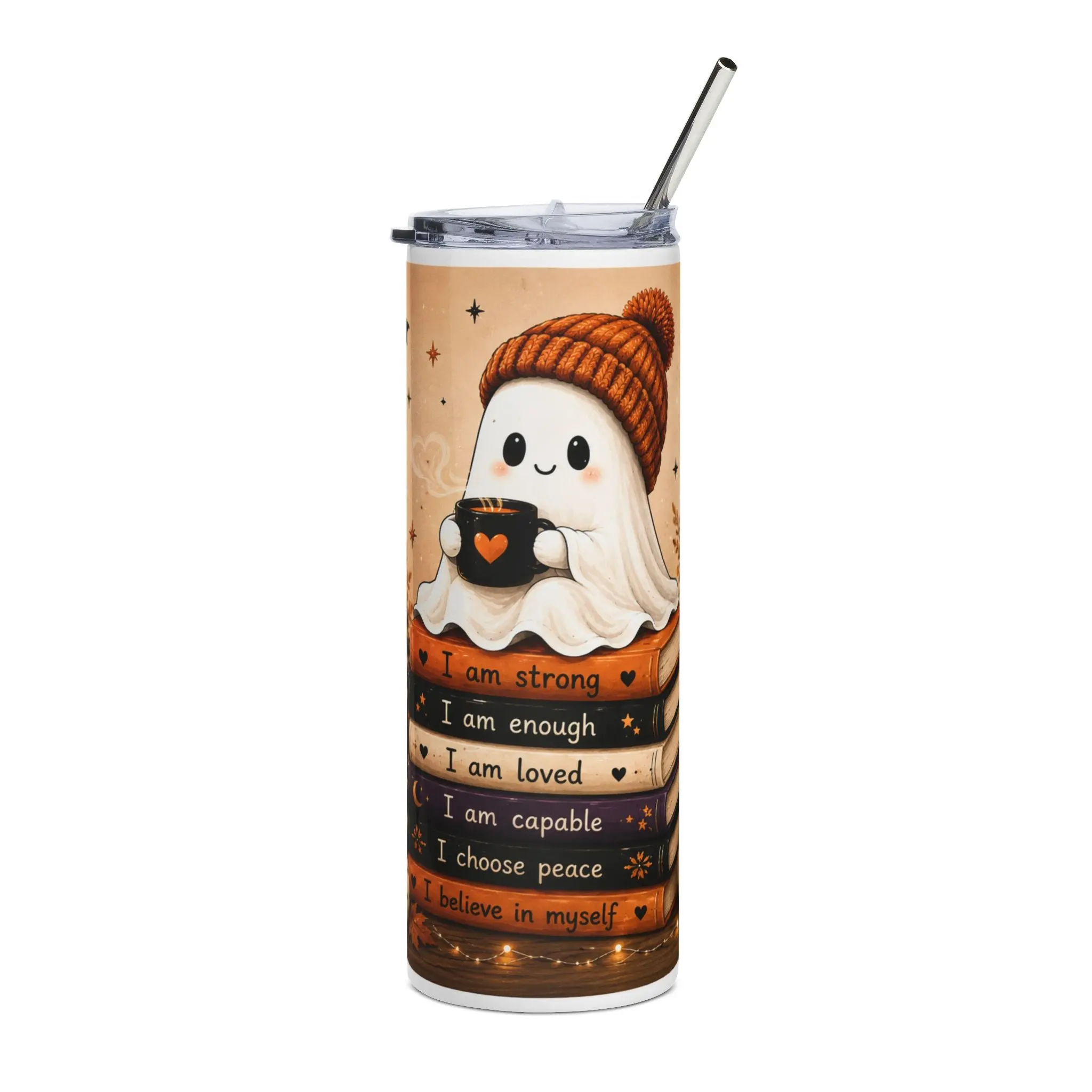 Cute Halloween Ghost Tumbler — 20oz Stainless Steel Insulated Cup with Affirmation Books