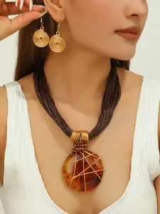 2-Piece Set: Exaggerated Fashion Multi-Layer Wax Thread Necklace & Earrings Set with Metal Wire-Wrapped Fake Gemstone Pendants, Retro Statement Accessories