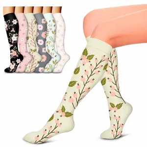 Pastel Floral Knee-High Compression Socks  for Women & Men, Non-Slip & Soft for Nurses, Running & Travel(6 pairs)