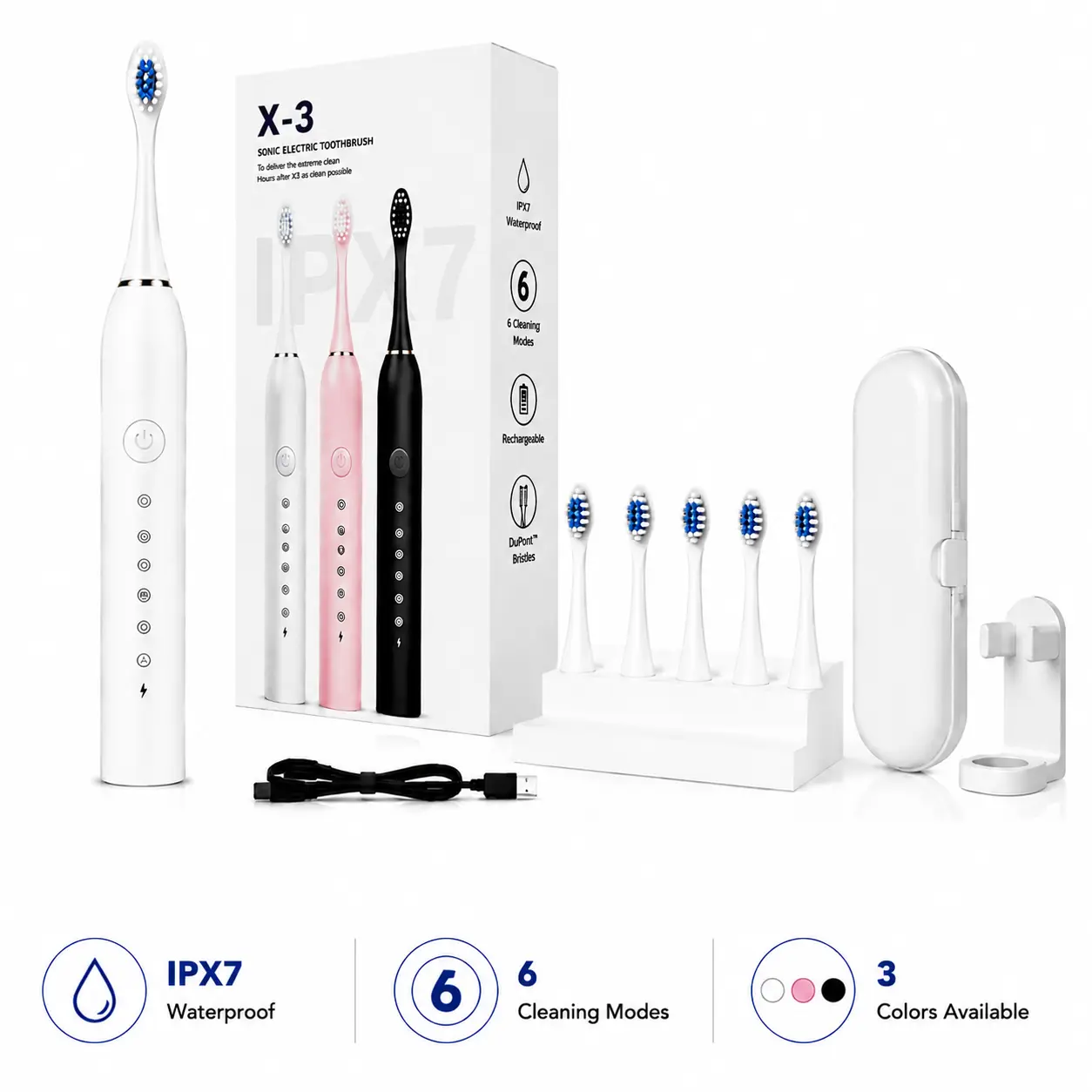 Sonic Electric Toothbrush with Travel Case, 6 Cleaning Modes Rechargeable Toothbrush, IPX7 Waterproof, 5 Brush Heads & Stand Included, Halloween Christmas Gift for Men Women