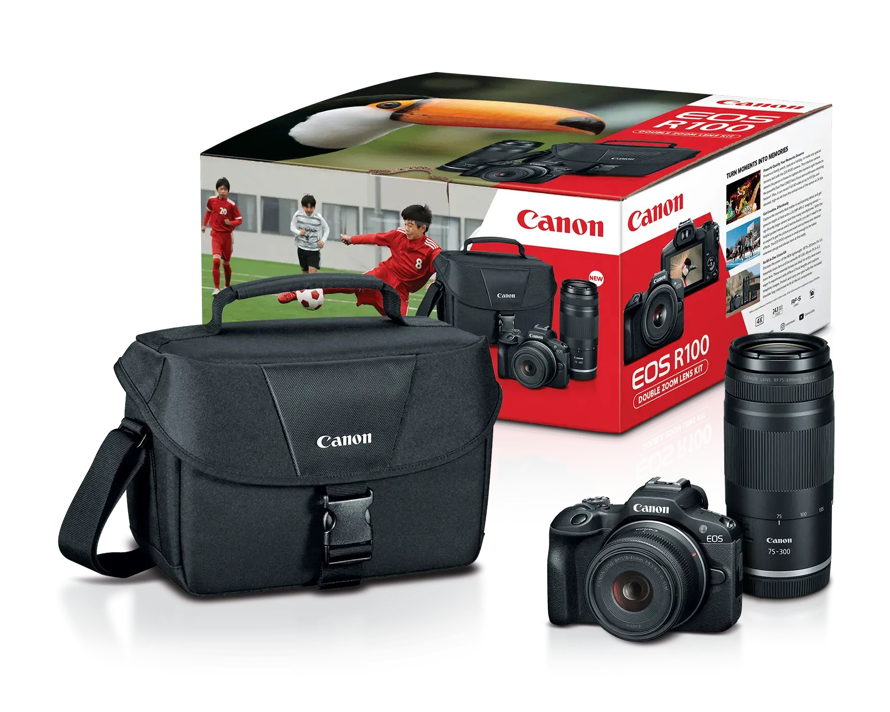 Canon EOS R100 II, RF-S 18-45mm f/4.5-6.3 IS STM + RF 75-300mm f/4-5.6 Lens Premium Kit