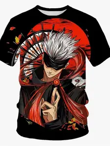 Japanese-Style Anime Graphic Short-Sleeve T-Shirt for Men – Loose, Breathable Crew-Neck Top Featuring Red Sun, Paper Fan, and Maple Leaf Motifs; Versatile Casual Wear Ideal for Anime Conventions.