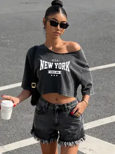 New York Vintage Asymmetric Women's Sporty Crop Top, Womenswear Summer Casual Printed Loose Fit Short Sleeve Shirt, Ideal for Daily Commute, Leisure, and Fitness, Streetwear