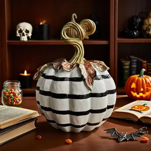 1 Resin Black and White Pumpkin Decoration - High Gloss Table Centerpiece with Golden Floral Vine, for Halloween/Thanksgiving/Fall Desktop Decor in Home Office Spaces, No Power Needed, Art Statue with Vintage Handmade Texture, 3 Sizes Avail
