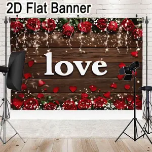 2D flat banner, 1pcRomantic Love Backdrop with Red Roses Wooden Plank Background, Twinkling Fairy Lights for Valentine’s Day Decor, DIY Photo Booth Setup, Rustic Wedding Decorations, Green Leaves & White Floral Accents